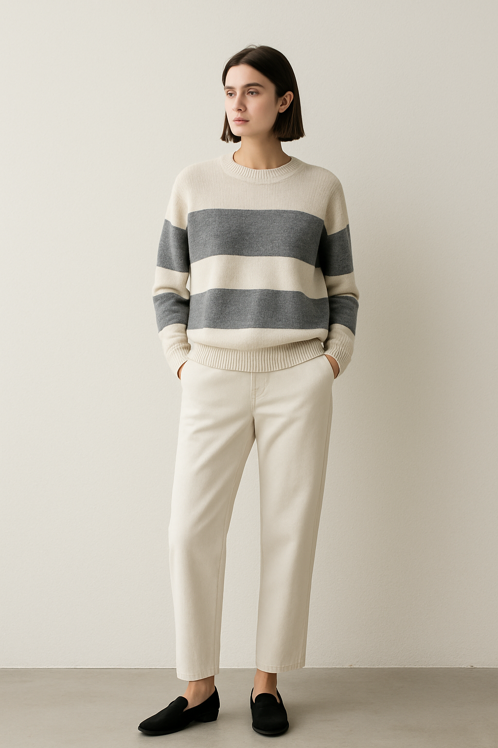 بافت راه راه زنانه مدل کلاسیک _ترکیب طوسی و کرم روشن