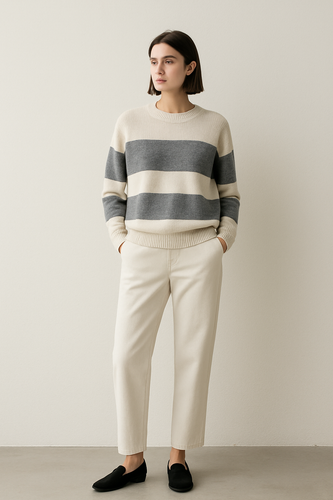 بافت راه راه زنانه مدل کلاسیک _ترکیب طوسی و کرم روشن