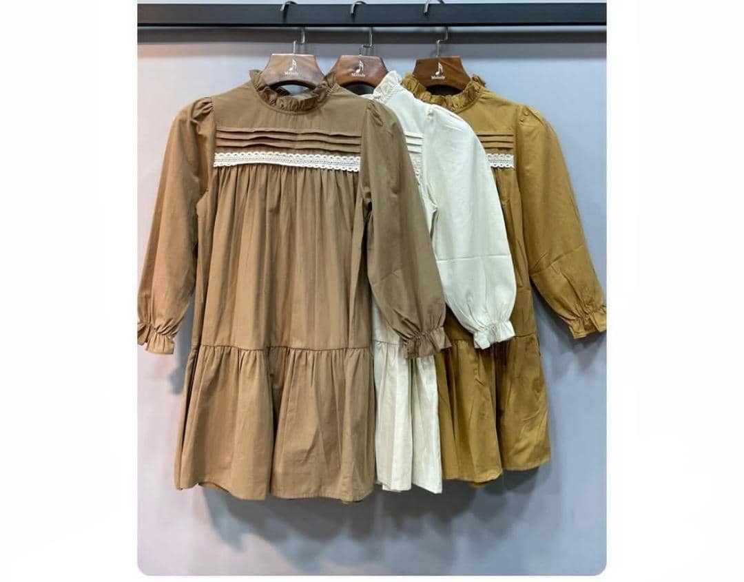 👗پیراهن کتان دخترانه استین بلند مدل چین دار