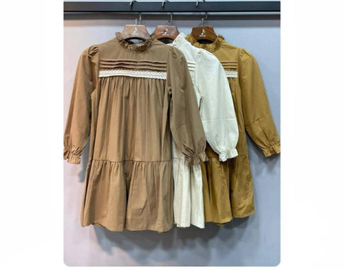 👗پیراهن کتان دخترانه استین بلند مدل چین دار