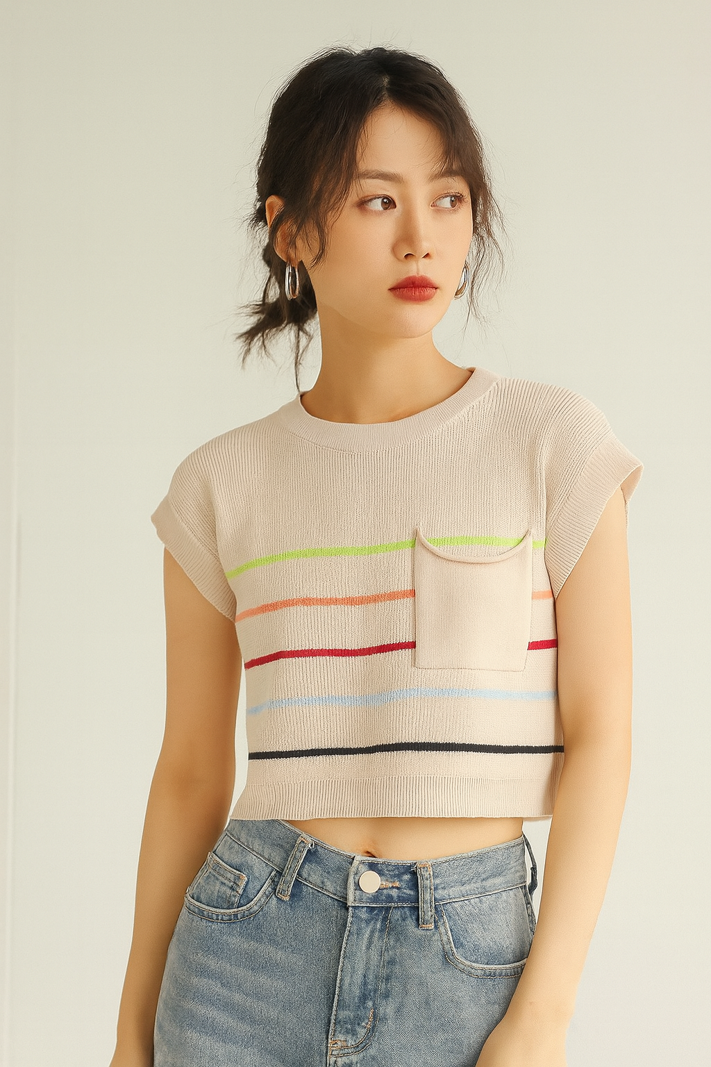 کراپ وست بافت زنانه وارداتی یقه گرد